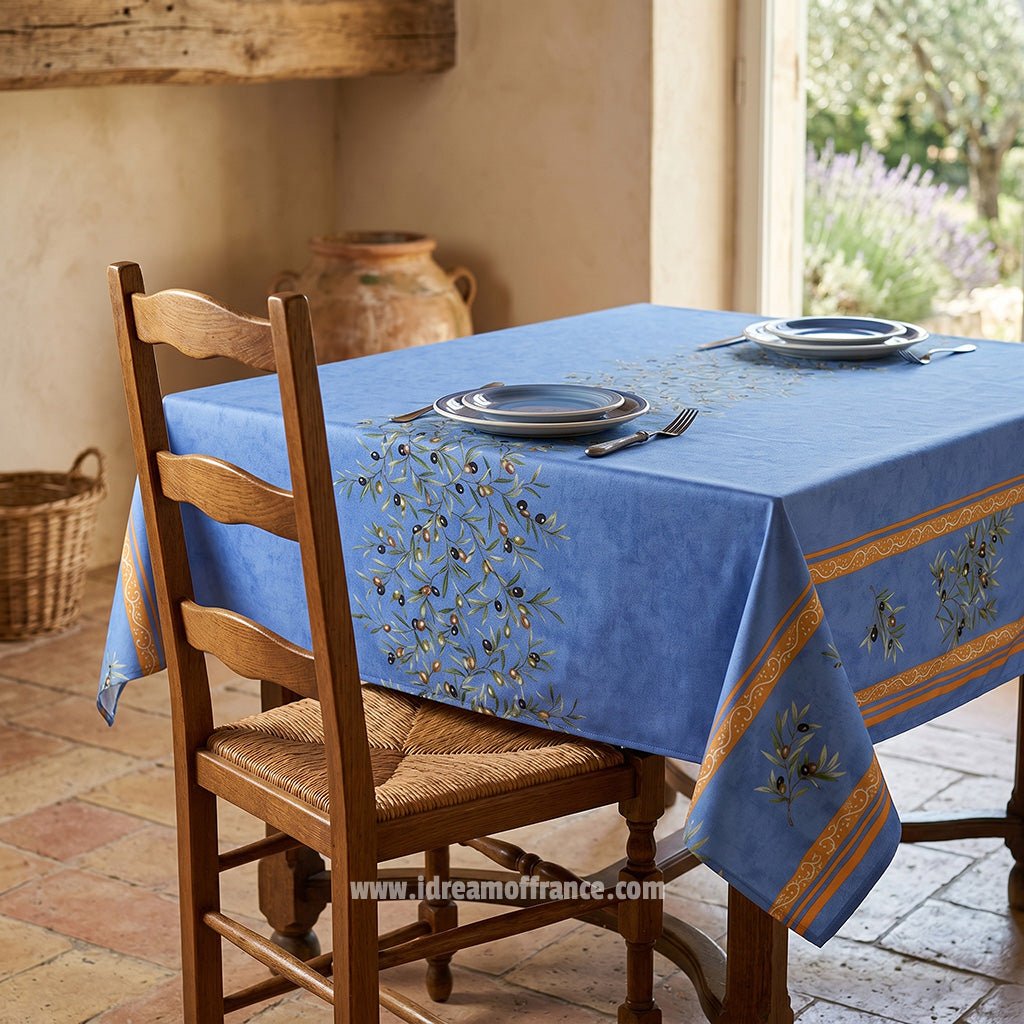 French Provencal tablecloth - Acrylic coated cotton, Spill-proof - 60" square - Clos des Oliviers blue | Label France - Armand’s Maison & Marché