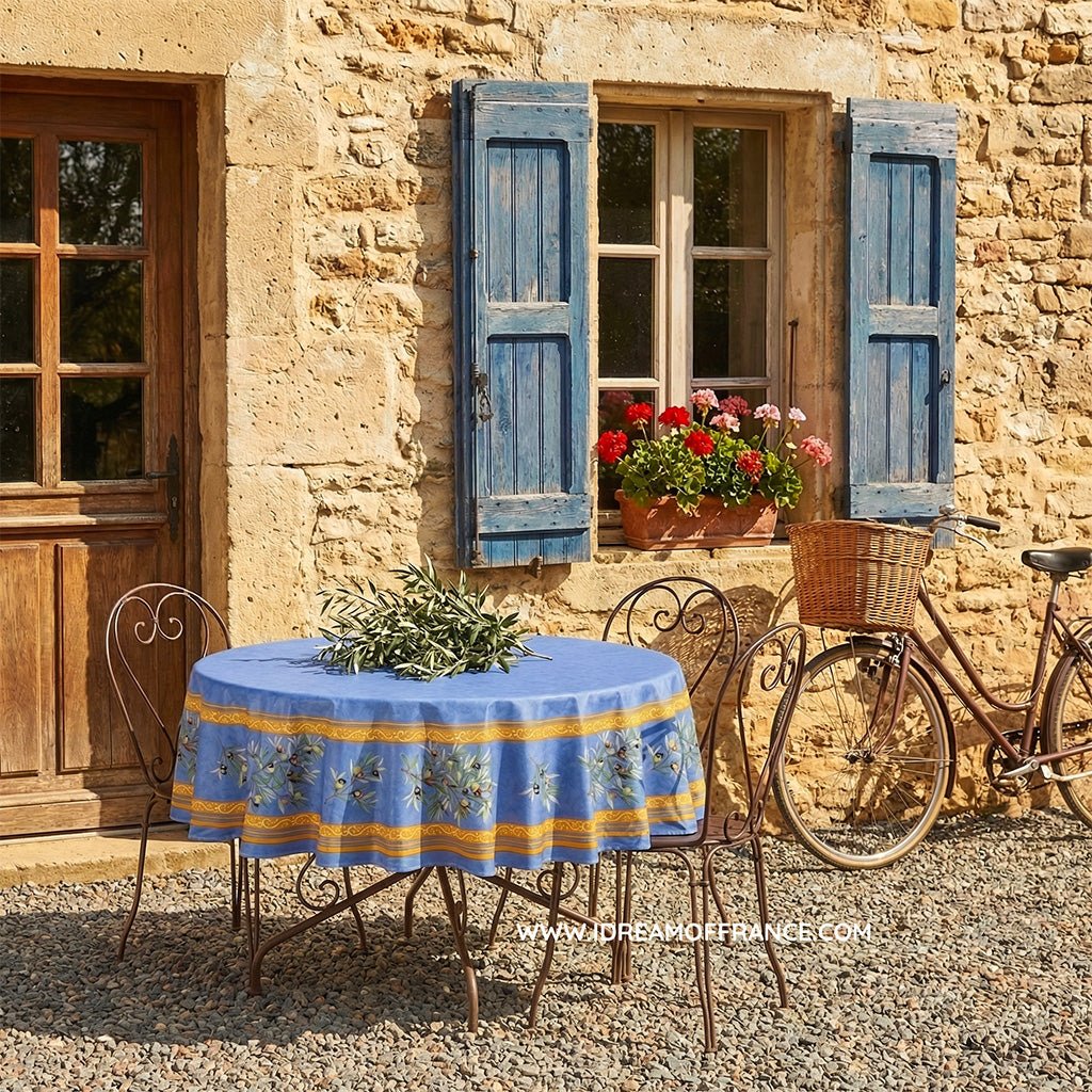 French Provencal tablecloth - Cotton, natural or acrylic-coated - 70" round - Clos des Oliviers blue | Label France - Armand’s Maison & Marché