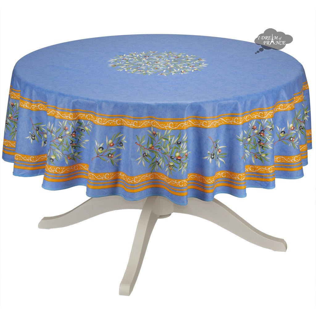 French Provencal tablecloth - Cotton, natural or acrylic-coated - 70" round - Clos des Oliviers blue | Label France - Armand’s Maison & Marché