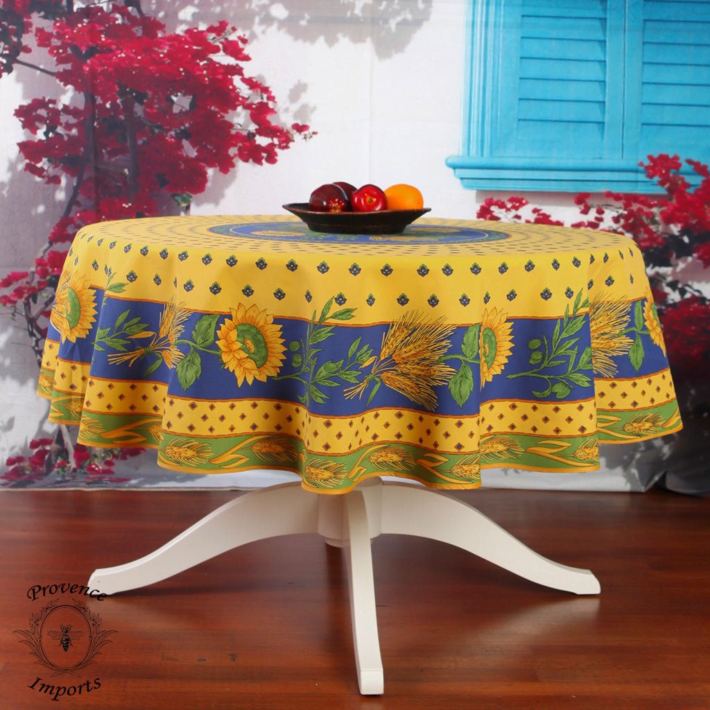 French Provencal tablecloth - Polyester - Stain-resistant - 70" round - Tournesol blue | Provence Imports - Armand’s Maison & Marché