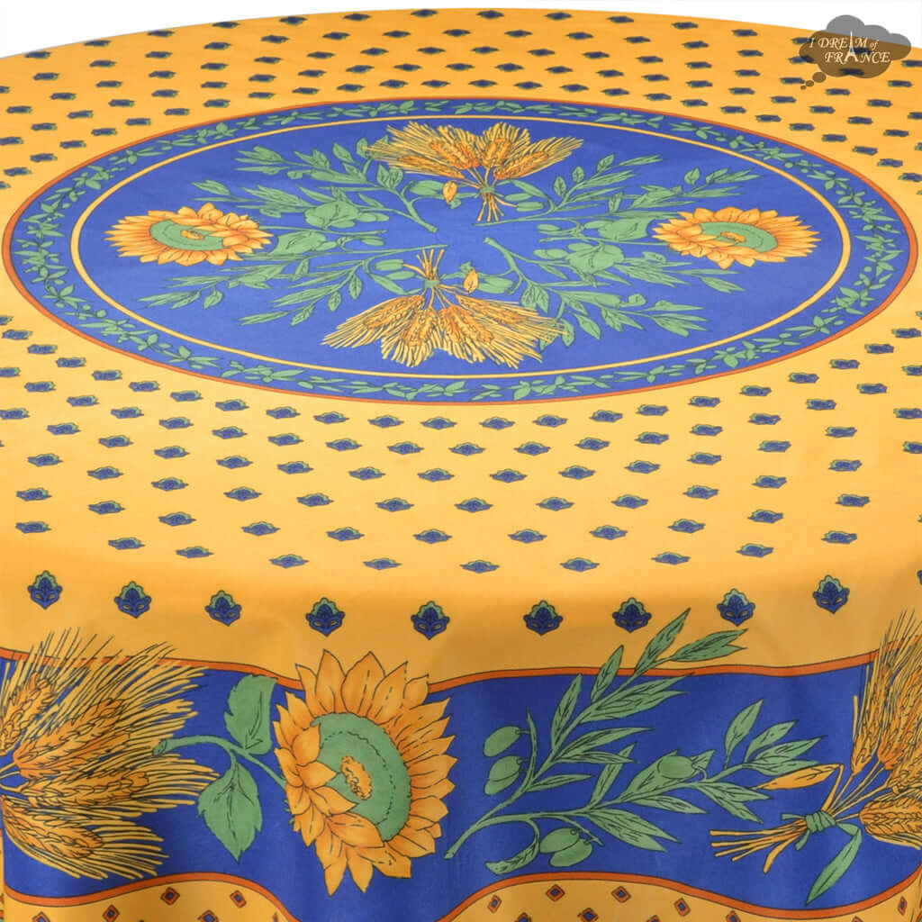 French Provencal tablecloth - Polyester - Stain-resistant - 70" round - Tournesol blue | Provence Imports - Armand’s Maison & Marché
