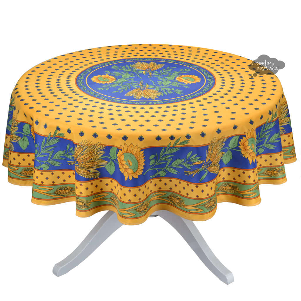 French Provencal tablecloth - Polyester - Stain-resistant - 70" round - Tournesol blue | Provence Imports - Armand’s Maison & Marché
