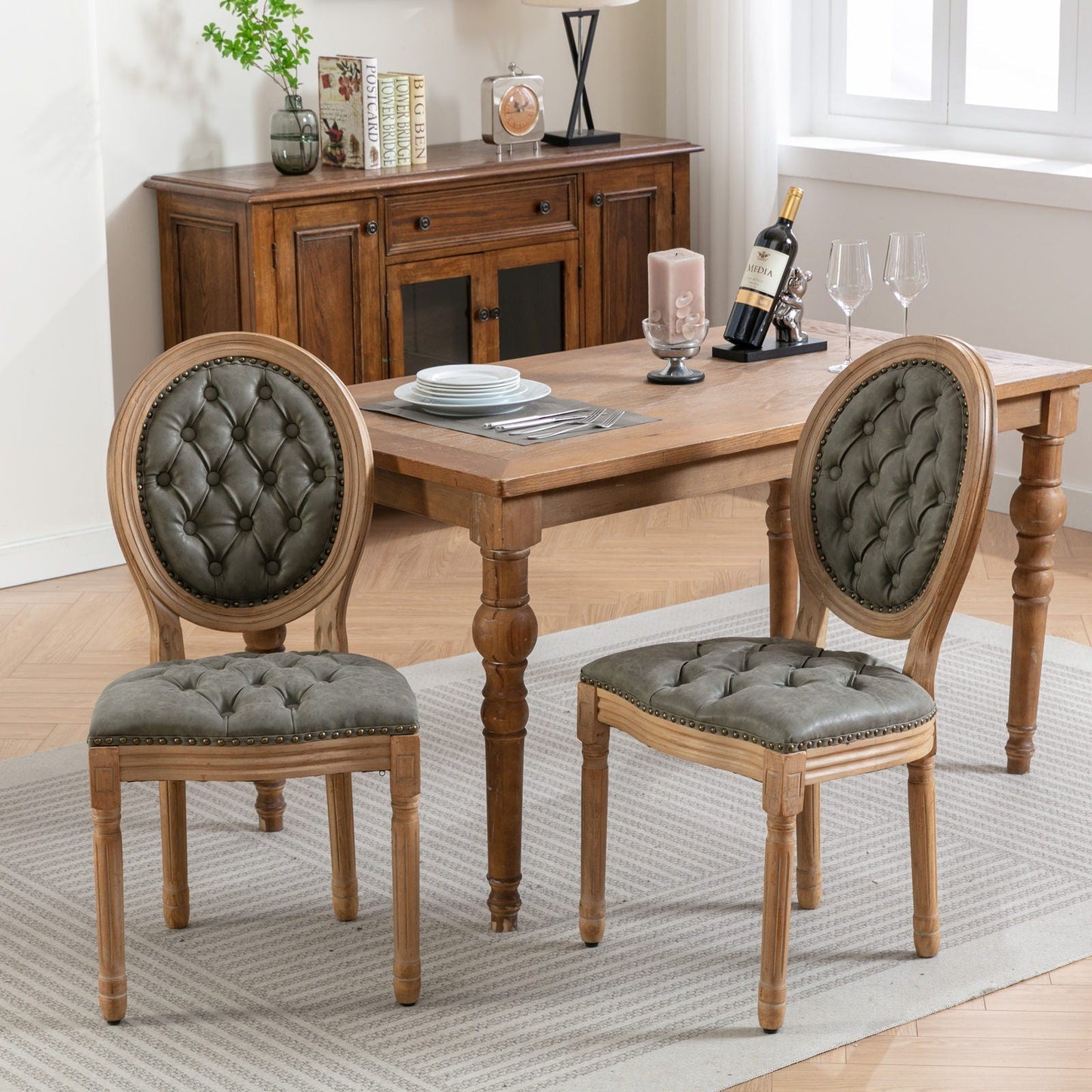 French Style Solid Wood Frame Antique Painting, Hand-Pulled Buckle Decoration Artificial Dining Chair With Nailhead Trim, Wood Legs - Armand’s Maison & Marché