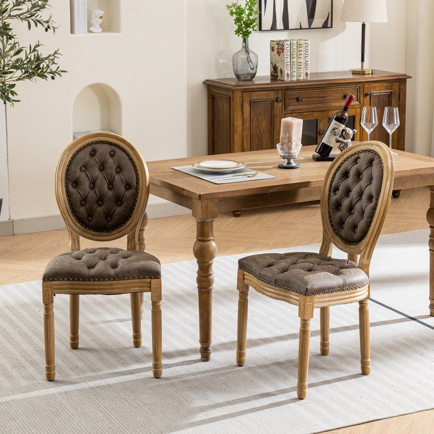 French Style Solid Wood Frame Antique Painting, Hand-Pulled Buckle Decoration Artificial Dining Chair With Nailhead Trim, Wood Legs - Armand’s Maison & Marché