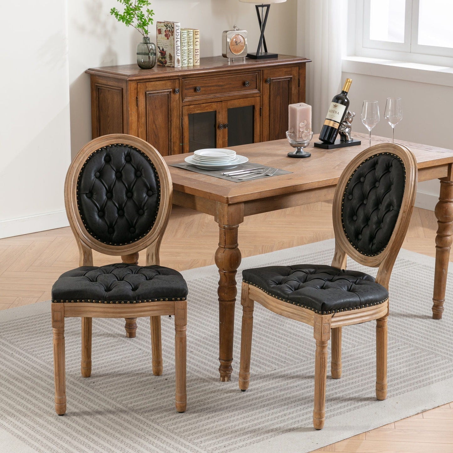 French Style Solid Wood Frame Antique Painting, Hand-Pulled Buckle Decoration Artificial Dining Chair With Nailhead Trim, Wood Legs - Armand’s Maison & Marché