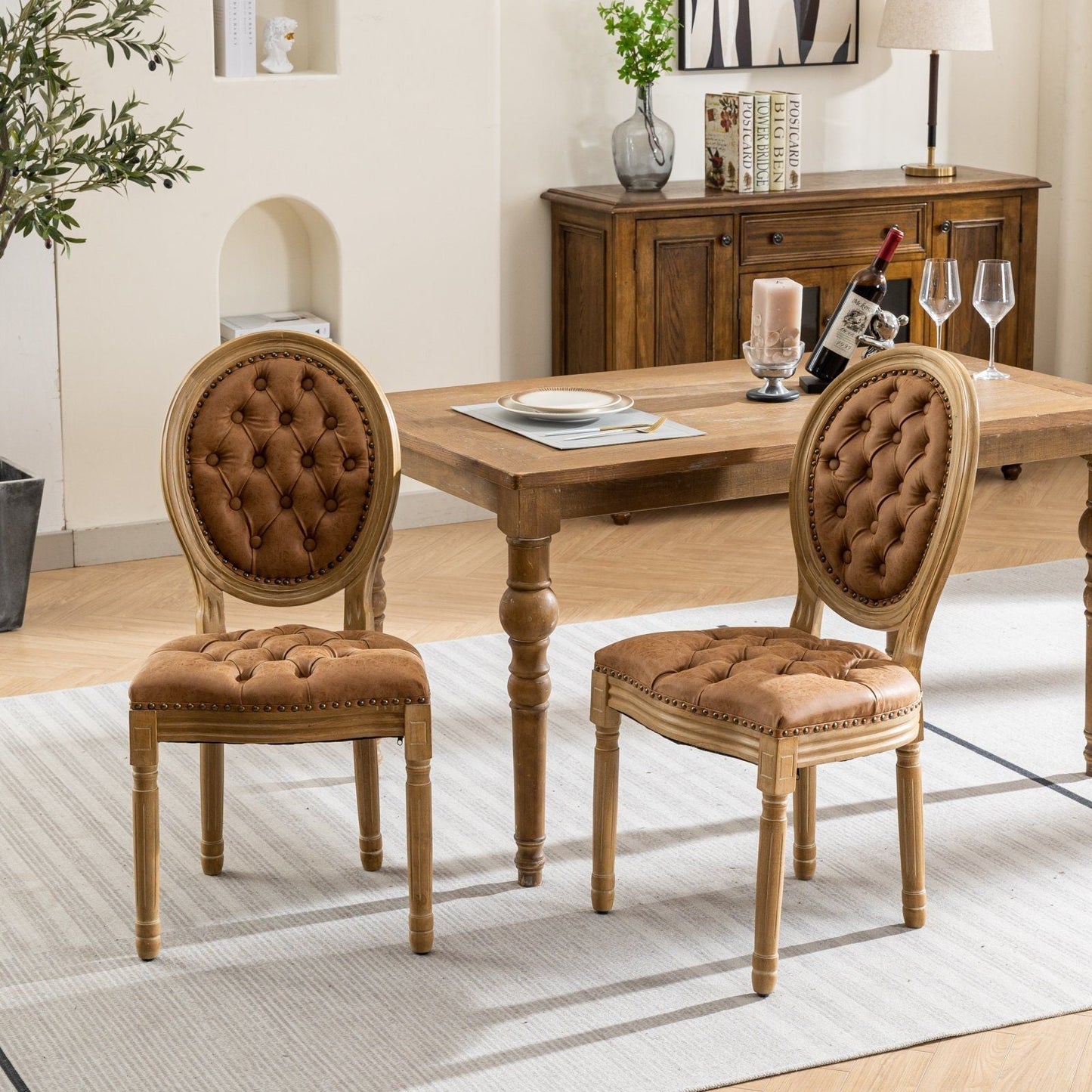 French Style Solid Wood Frame Antique Painting, Hand-Pulled Buckle Decoration Artificial Dining Chair With Nailhead Trim, Wood Legs - Armand’s Maison & Marché