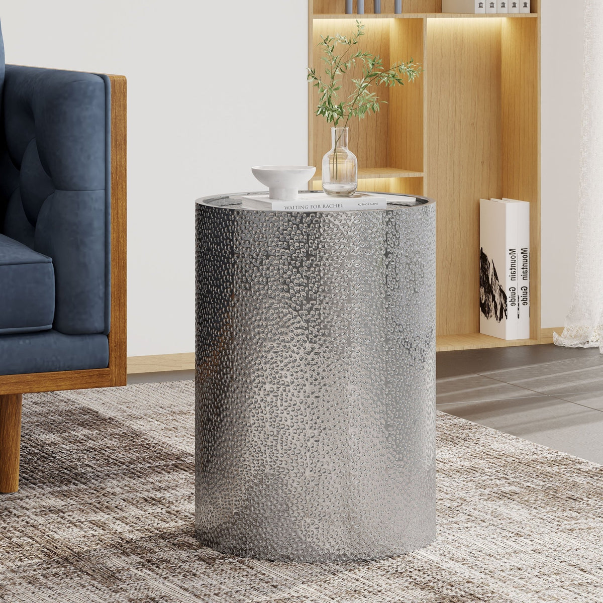 Hammered Silver Metal Side Table – Round Textured Accent Table - Armand’s Maison & Marché