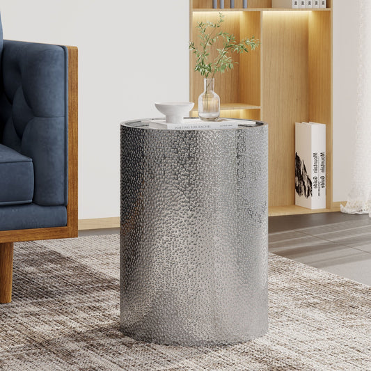 Hammered Silver Metal Side Table – Round Textured Accent Table - Armand’s Maison & Marché