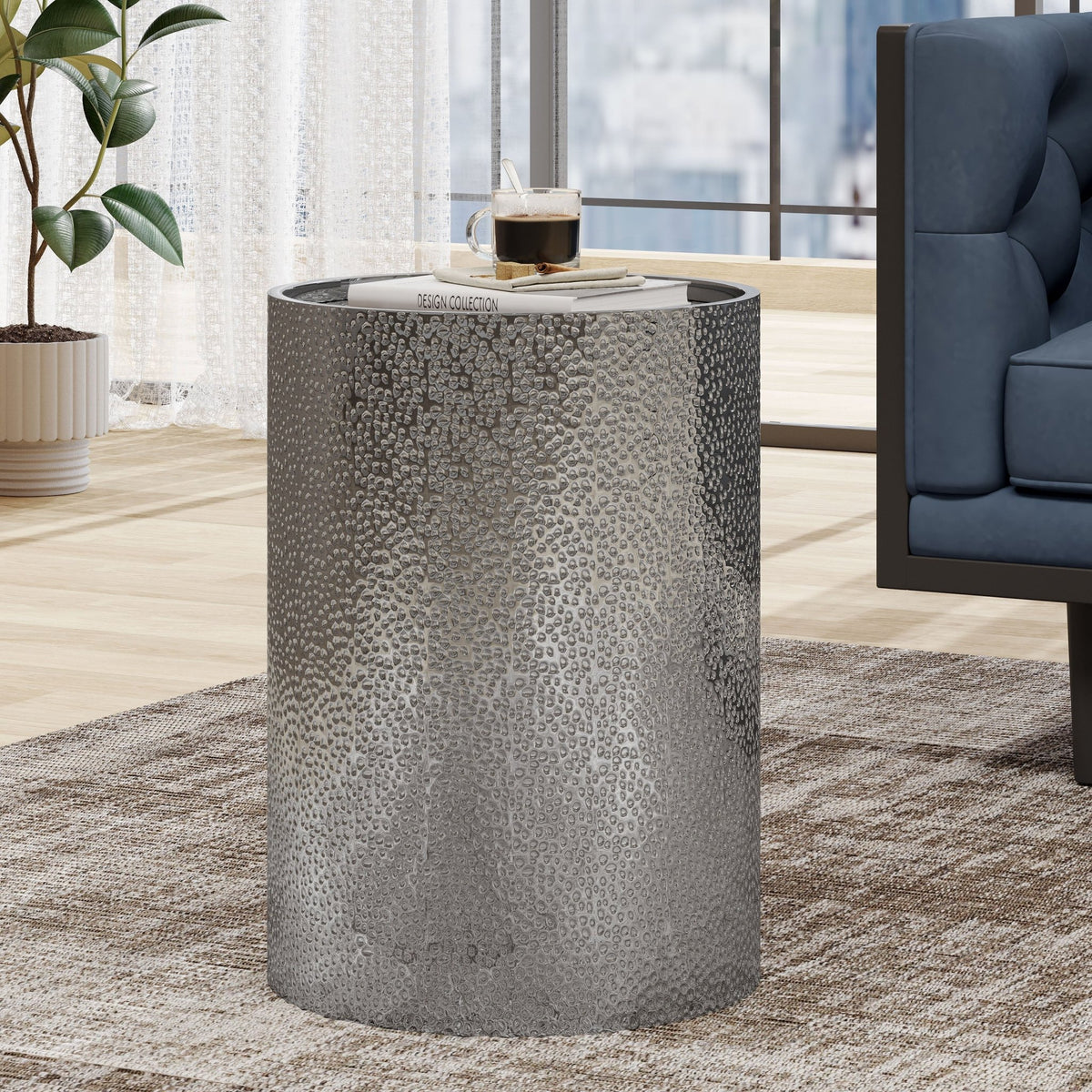 Hammered Silver Metal Side Table – Round Textured Accent Table - Armand’s Maison & Marché