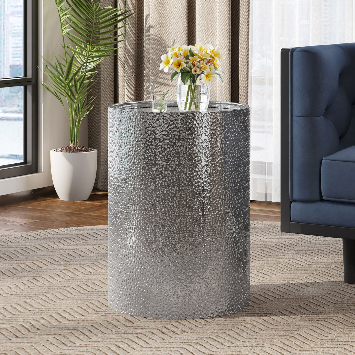 Hammered Silver Metal Side Table – Round Textured Accent Table - Armand’s Maison & Marché