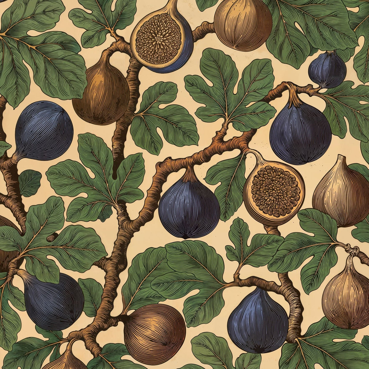 Harvest botanical wallpaper with indigo and brown figs, forest green leaves and winding branches on a warm parchment background.