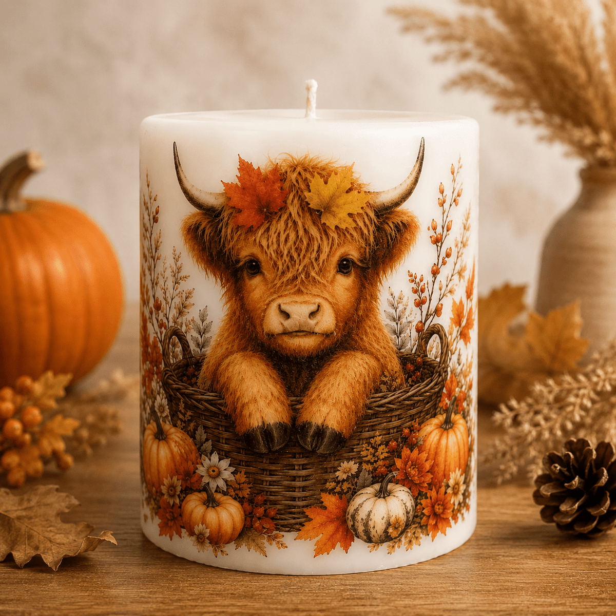 Highland Cow in a Basket – Autumn Pillar Candle - Armand’s Maison & Marché
