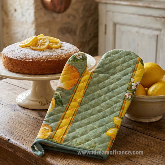 Lemons Green Cotton Oven Mitt by Tissus Toselli - Armand’s Maison & Marché