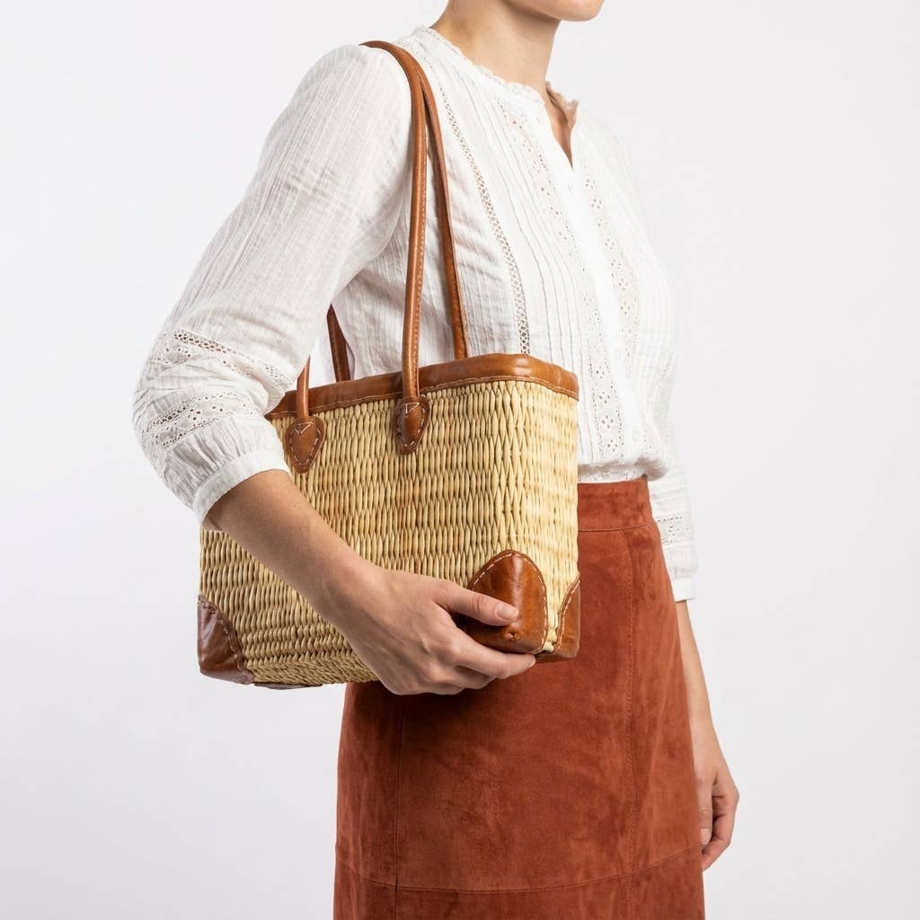 Luxury Woven Reed Market Basket Leather Trim Tote Bag: Long Handles / Medium - Armand’s Maison & Marché