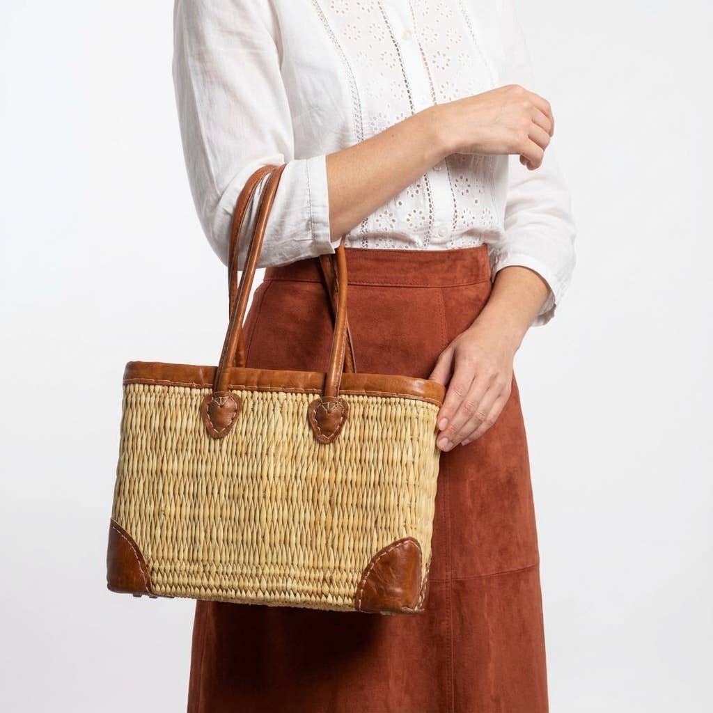 Luxury Woven Reed Market Basket Leather Trim Tote Bag: Long Handles / Medium - Armand’s Maison & Marché