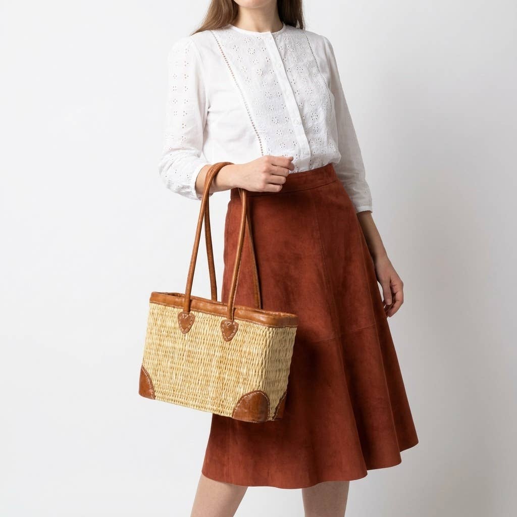 Luxury Woven Reed Market Basket Leather Trim Tote Bag: Long Handles / Medium - Armand’s Maison & Marché