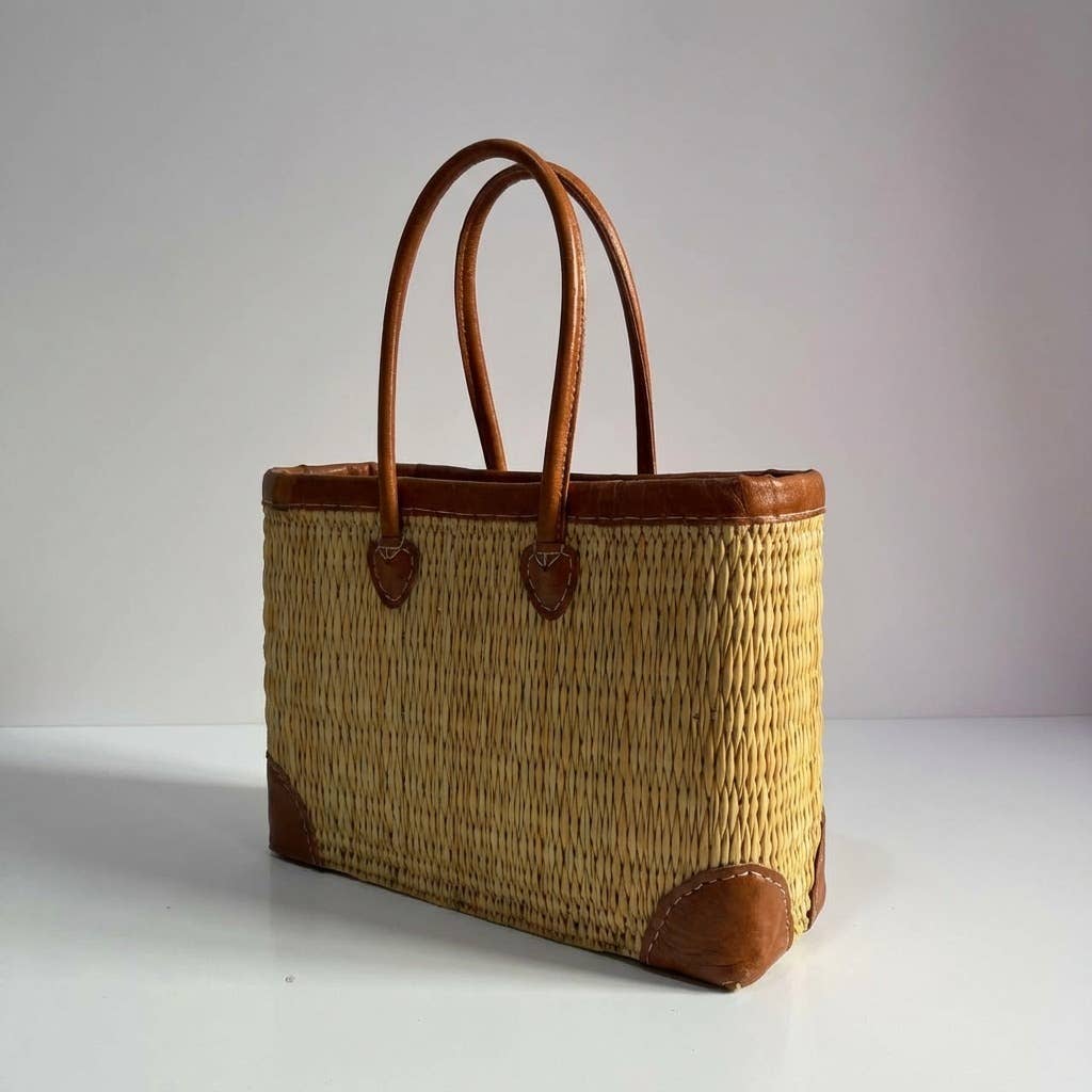 Luxury Woven Reed Market Basket Leather Trim Tote Bag: Long Handles / Medium - Armand’s Maison & Marché