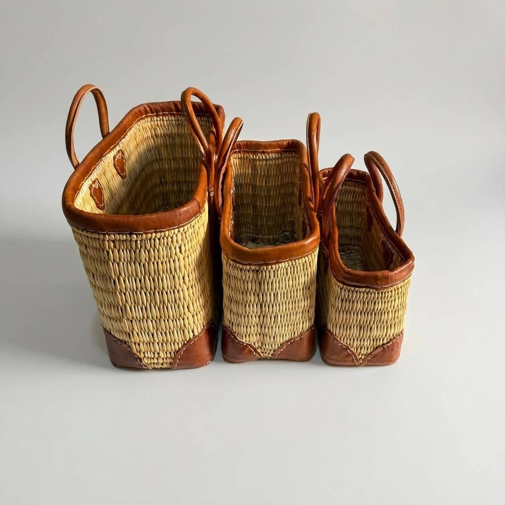 Luxury Woven Reed Market Basket Leather Trim Tote Bag: Long Handles / Medium - Armand’s Maison & Marché