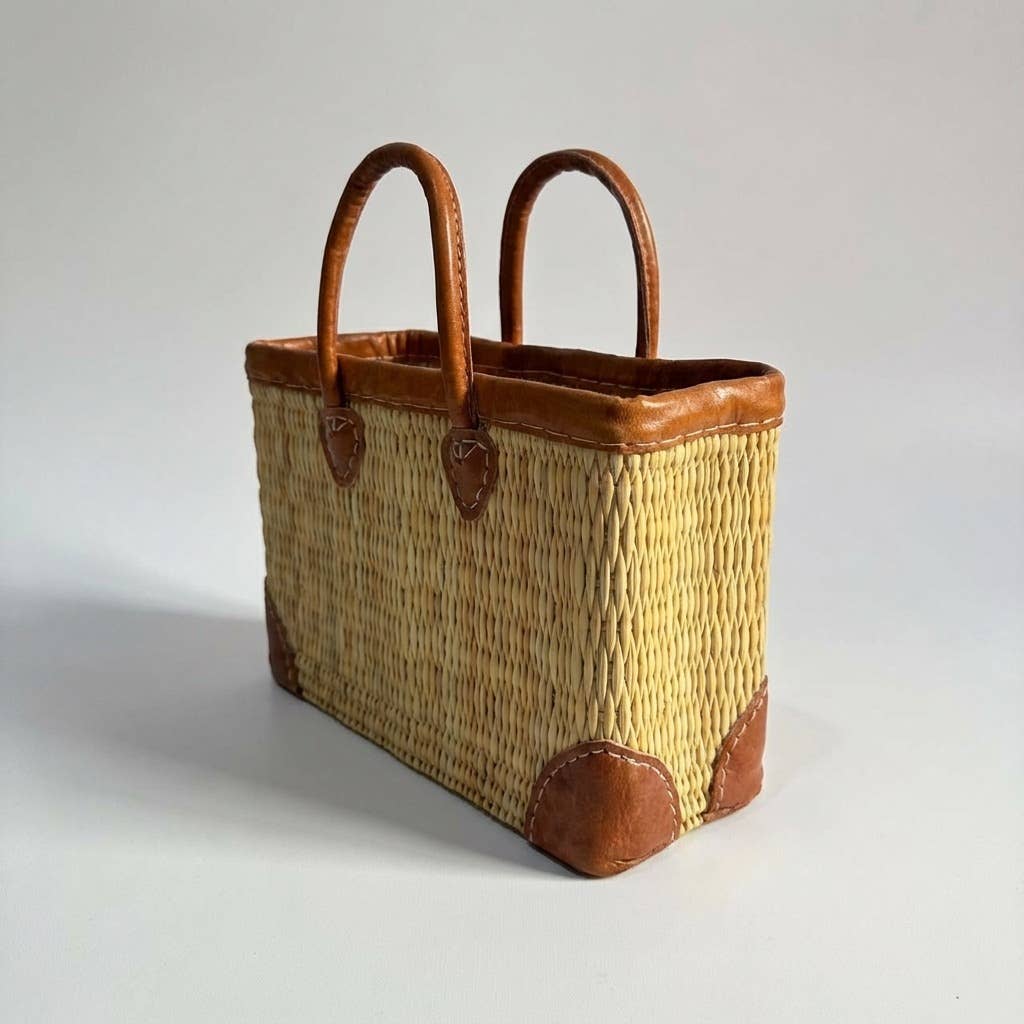 Luxury Woven Reed Market Basket Leather Trim Tote Bag: Long Handles / Medium - Armand’s Maison & Marché