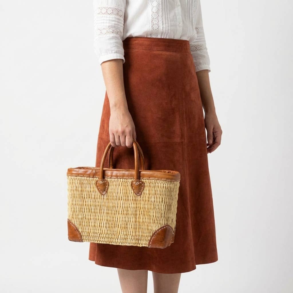 Luxury Woven Reed Market Basket Leather Trim Tote Bag: Long Handles / Medium - Armand’s Maison & Marché