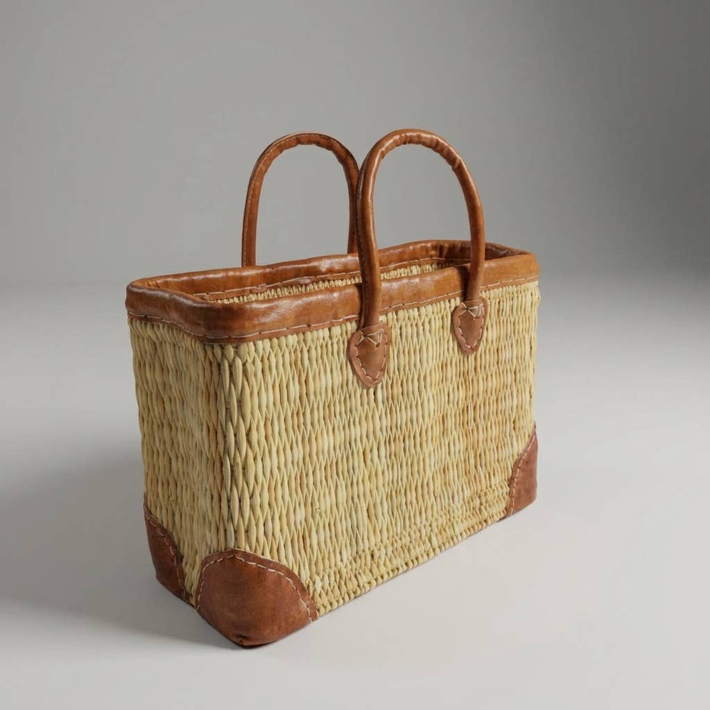 Luxury Woven Reed Market Basket Leather Trim Tote Bag: Long Handles / Medium - Armand’s Maison & Marché
