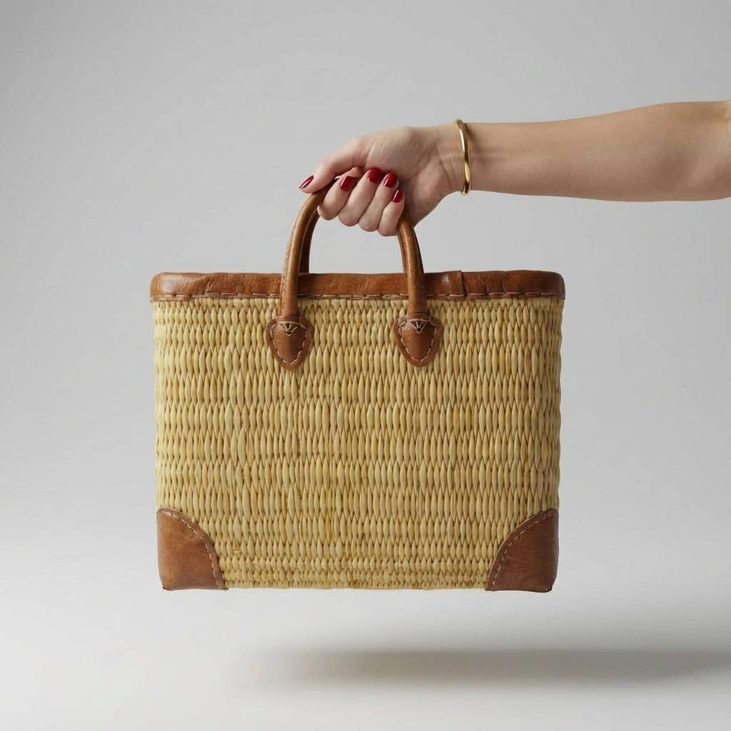 Luxury Woven Reed Market Basket Leather Trim Tote Bag: Long Handles / Medium - Armand’s Maison & Marché