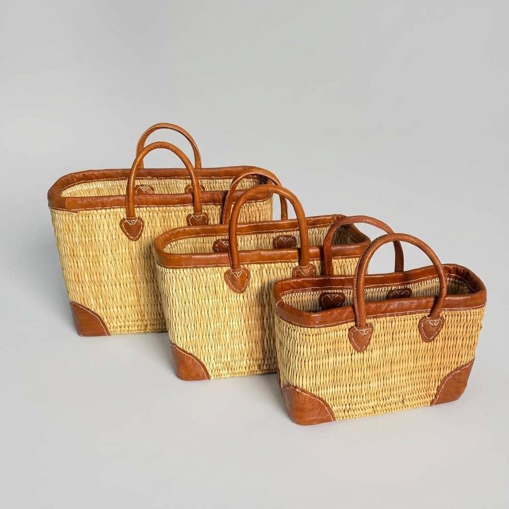 Luxury Woven Reed Market Basket Leather Trim Tote Bag: Long Handles / Medium - Armand’s Maison & Marché