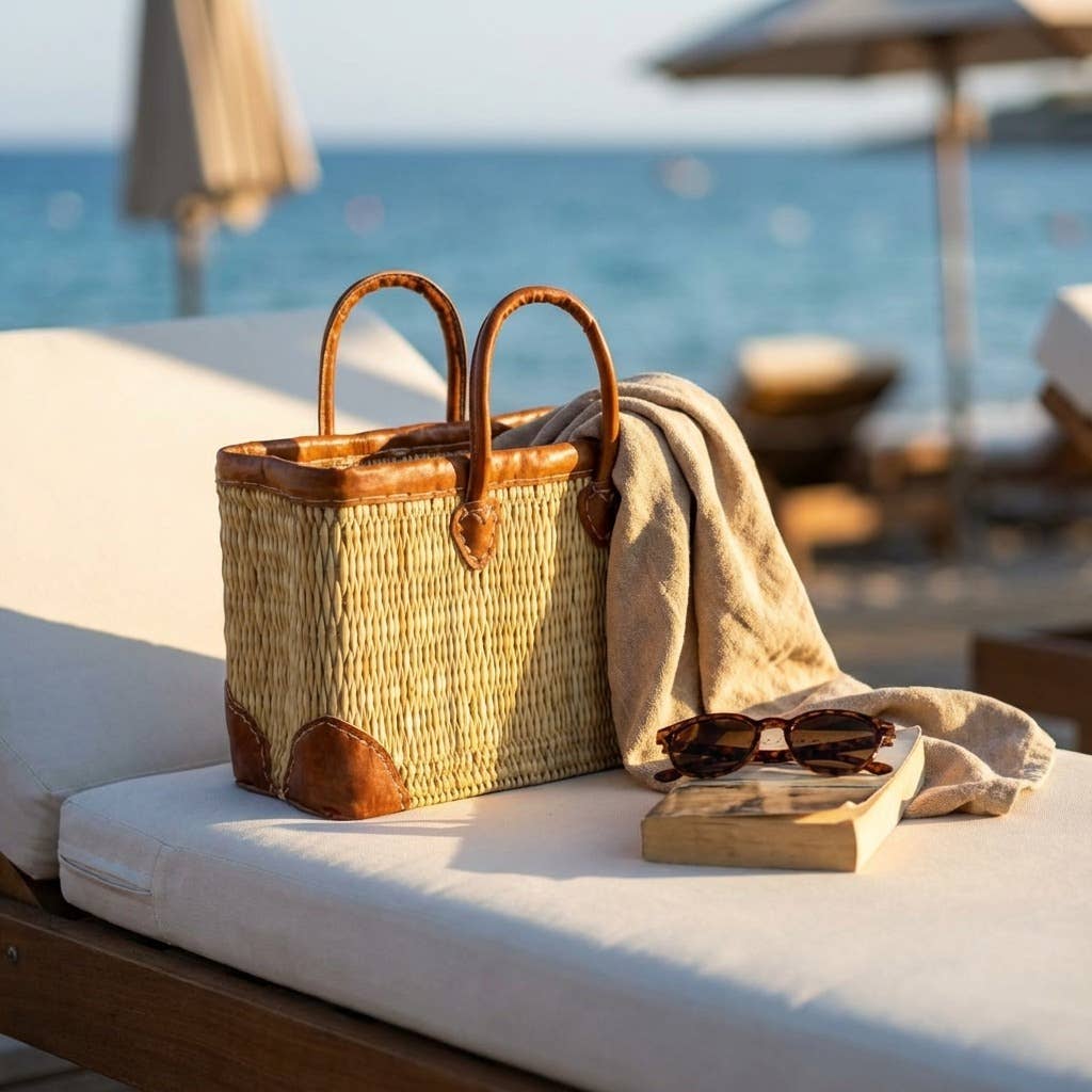 Luxury Woven Reed Market Basket Leather Trim Tote Bag: Long Handles / Medium - Armand’s Maison & Marché