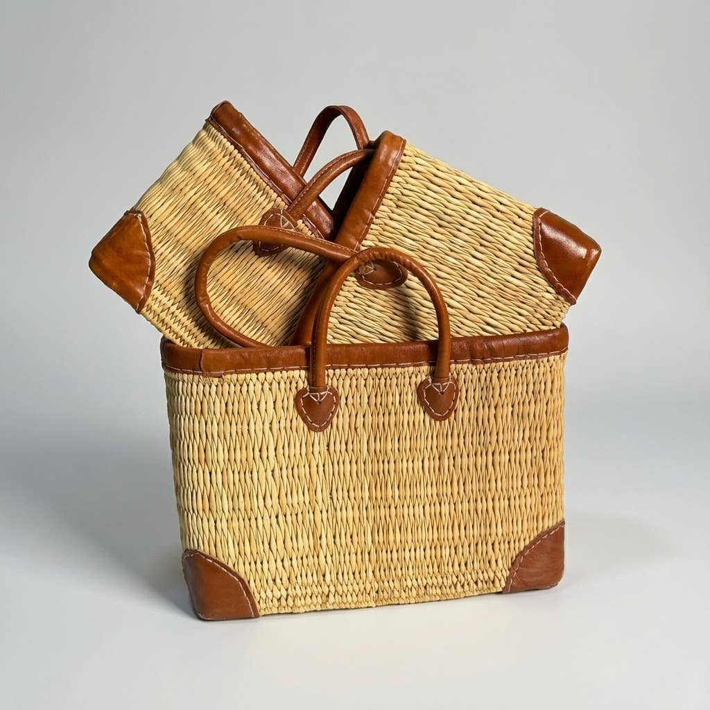 Luxury Woven Reed Market Basket Leather Trim Tote Bag: Long Handles / Medium - Armand’s Maison & Marché