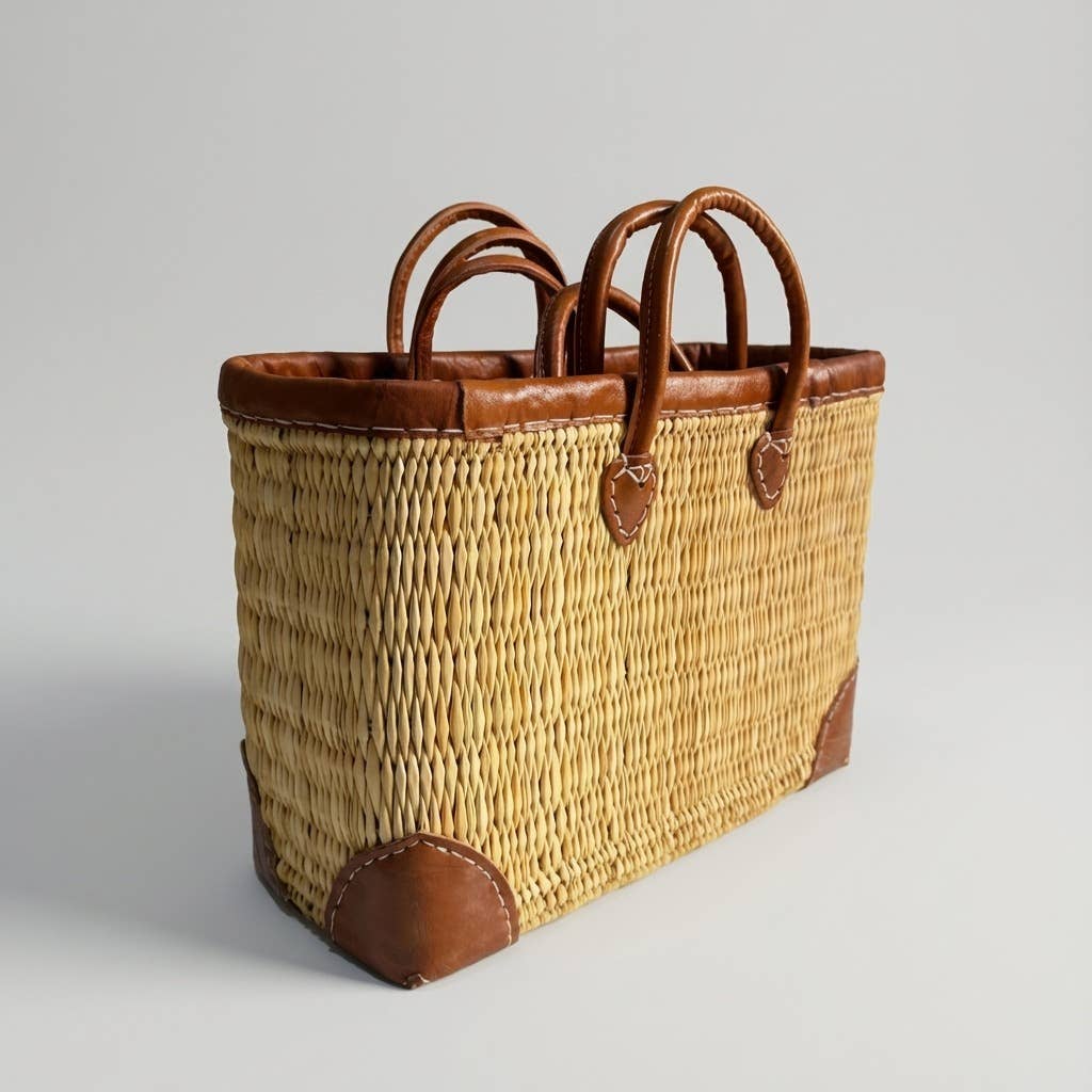 Luxury Woven Reed Market Basket Leather Trim Tote Bag: Long Handles / Medium - Armand’s Maison & Marché