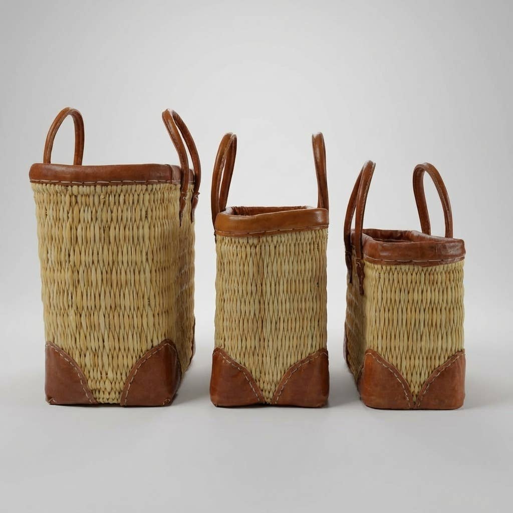 Luxury Woven Reed Market Basket Leather Trim Tote Bag: Long Handles / Medium - Armand’s Maison & Marché