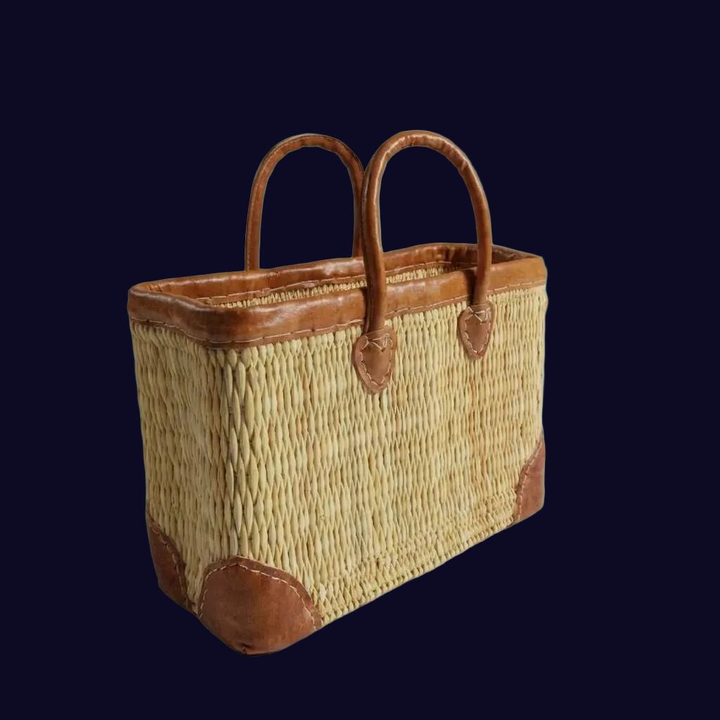 Luxury Woven Reed Market Basket Leather Trim Tote Bag: Short Handles / Large - Armand’s Maison & Marché