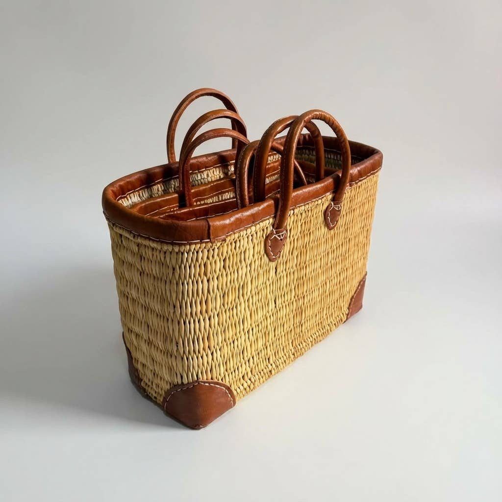 Luxury Woven Reed Market Basket Leather Trim Tote Bag: Short Handles / Large - Armand’s Maison & Marché