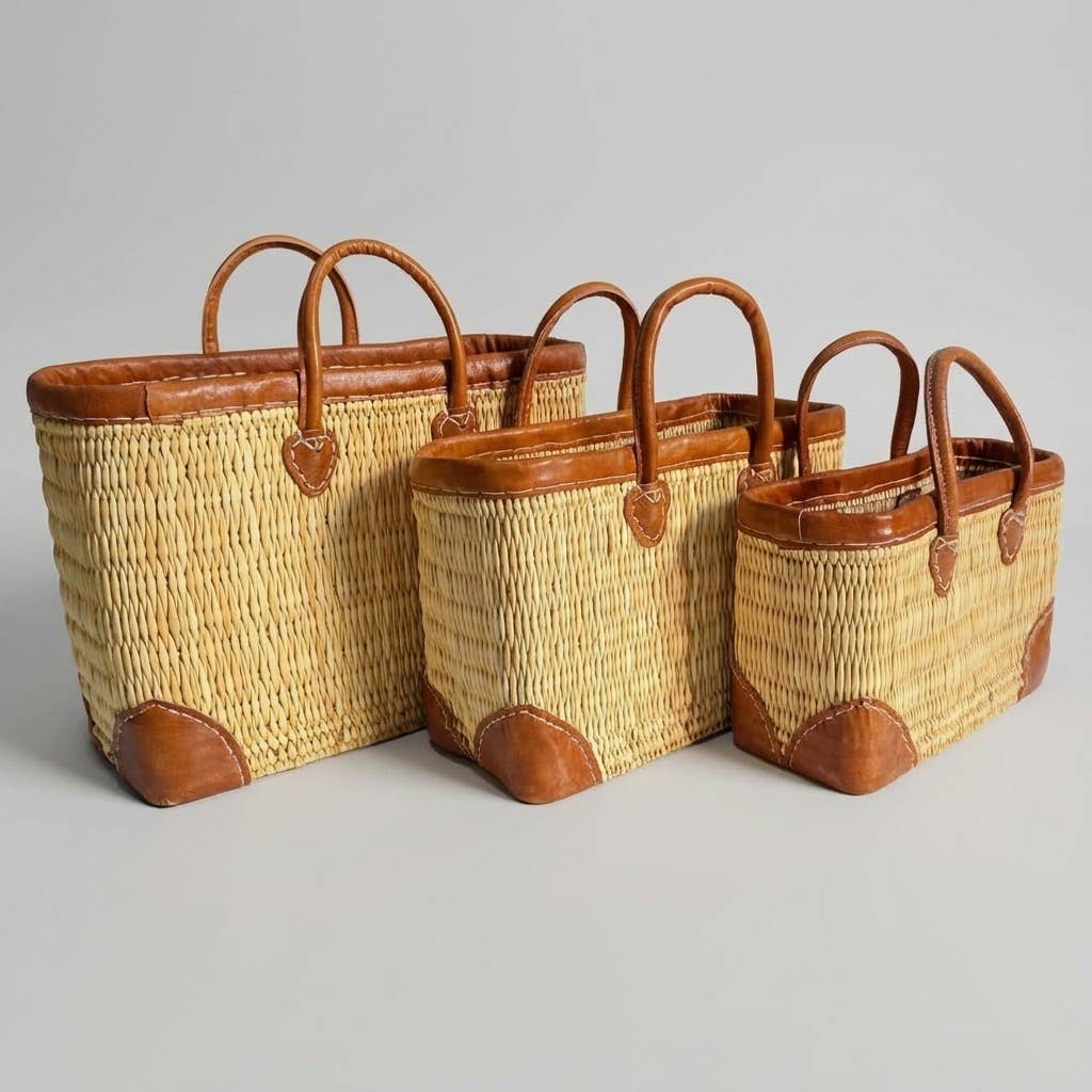 Luxury Woven Reed Market Basket Leather Trim Tote Bag: Short Handles / Large - Armand’s Maison & Marché