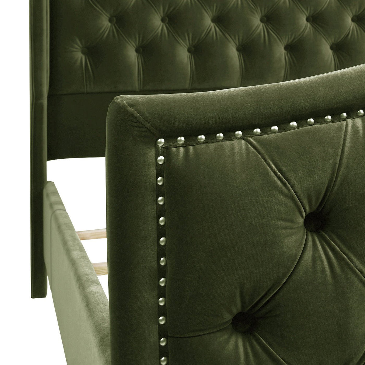 Marcella Olive Green Upholstered Queen Bed – Tufted Shelter Headboard - Armand’s Maison & Marché