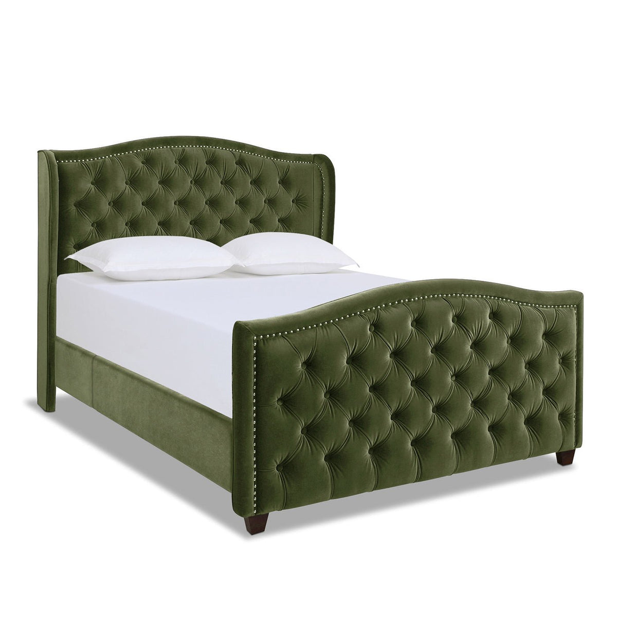 Marcella Olive Green Upholstered Queen Bed – Tufted Shelter Headboard - Armand’s Maison & Marché