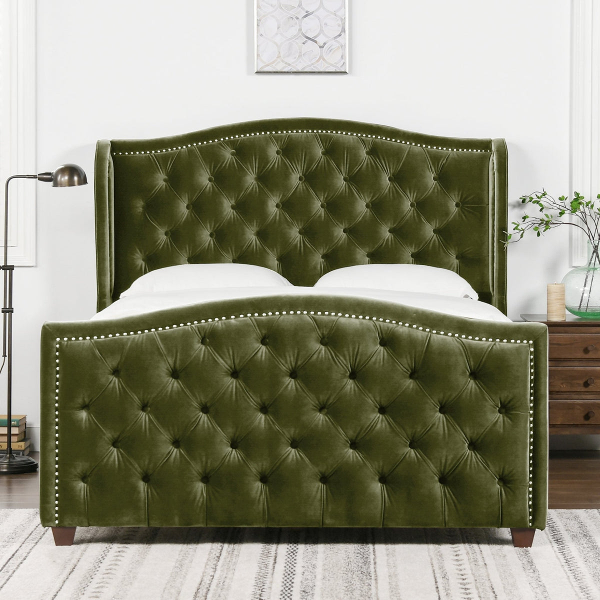Marcella Olive Green Upholstered Queen Bed – Tufted Shelter Headboard - Armand’s Maison & Marché