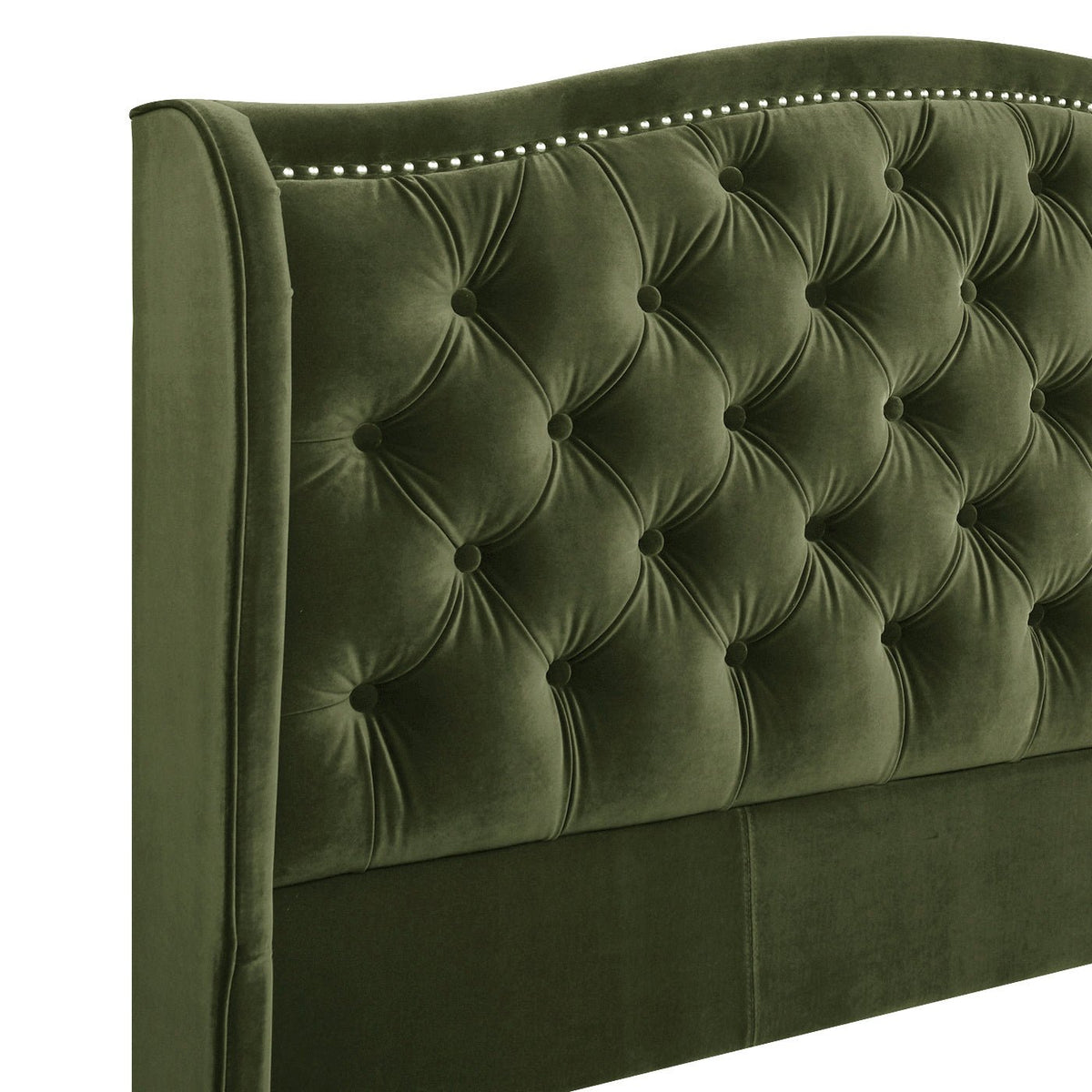 Marcella Olive Green Upholstered Queen Bed – Tufted Shelter Headboard - Armand’s Maison & Marché