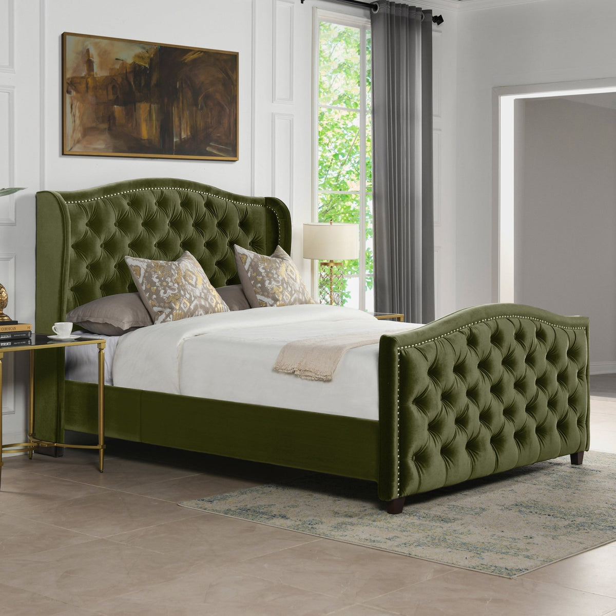 Marcella Olive Green Upholstered Queen Bed – Tufted Shelter Headboard - Armand’s Maison & Marché