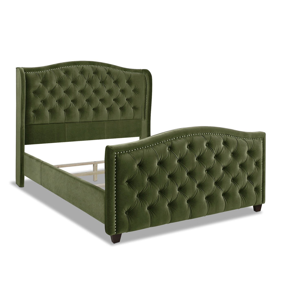 Marcella Olive Green Upholstered Queen Bed – Tufted Shelter Headboard - Armand’s Maison & Marché