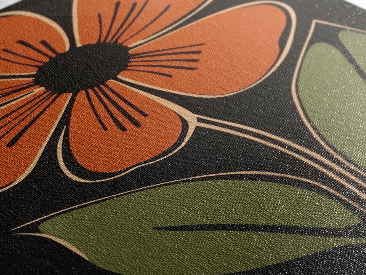 Mid Century Modern Floral Print, Orange Flower on Black Background, Framed Canvas Print - Armand’s Maison & Marché