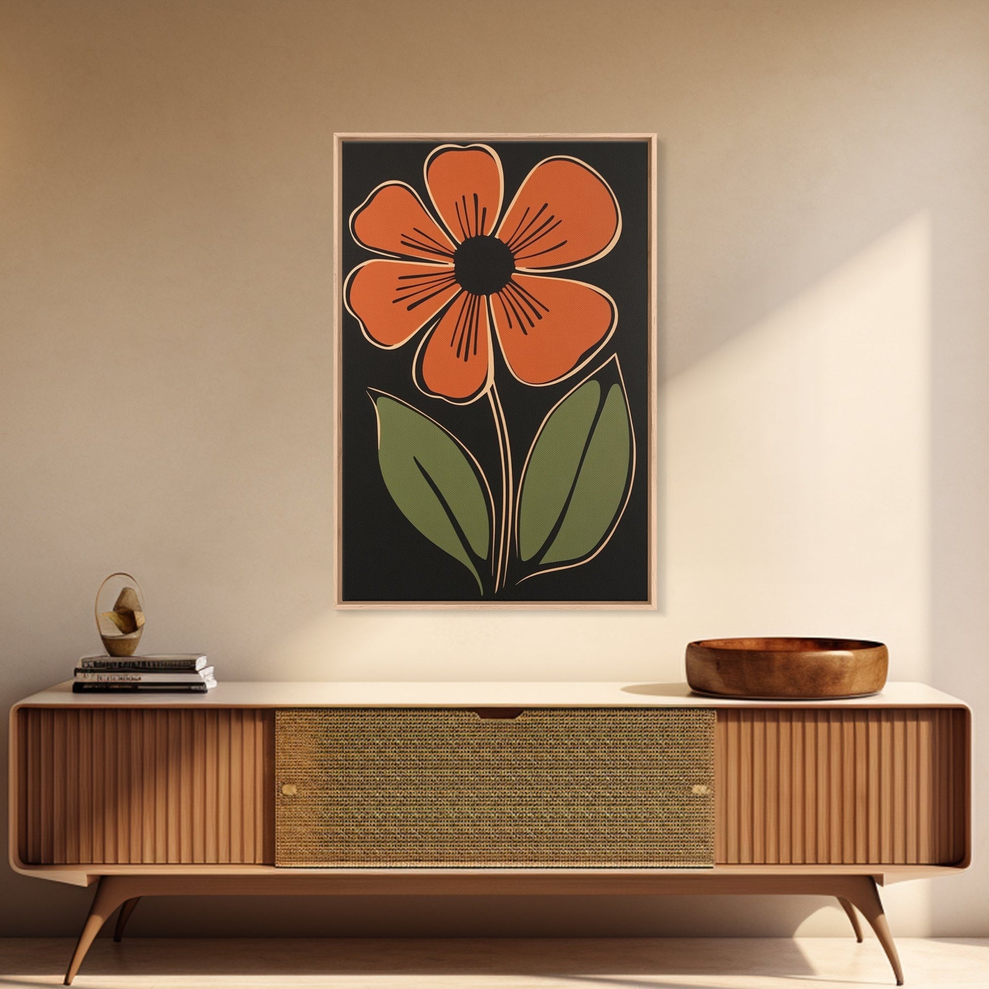 Mid Century Modern Floral Print, Orange Flower on Black Background, Framed Canvas Print - Armand’s Maison & Marché