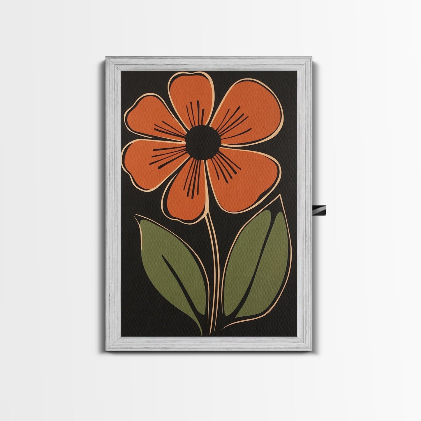 Mid Century Modern Floral Print, Orange Flower on Black Background, Framed Canvas Print - Armand’s Maison & Marché