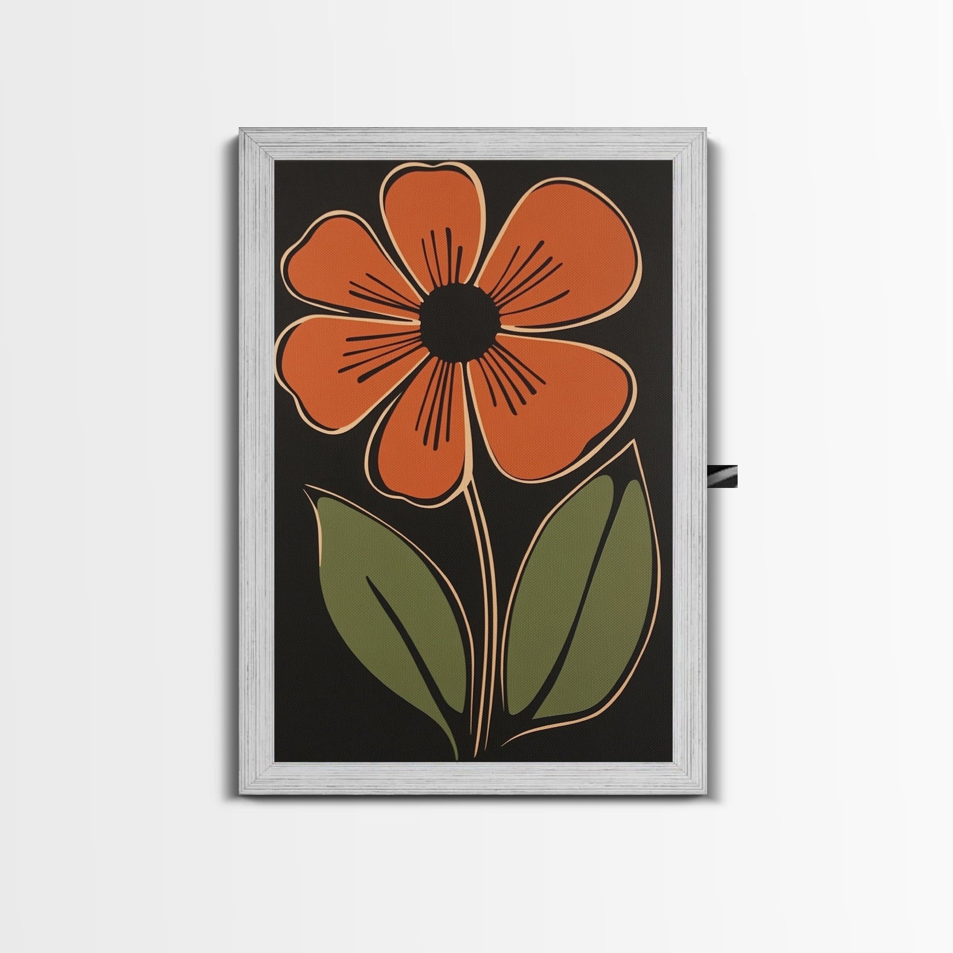 Mid Century Modern Floral Print, Orange Flower on Black Background, Framed Canvas Print - Armand’s Maison & Marché
