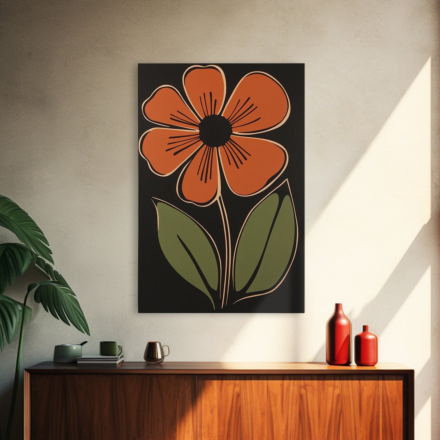 Mid Century Modern Floral Print, Orange Flower on Black Background, Framed Canvas Print - Armand’s Maison & Marché