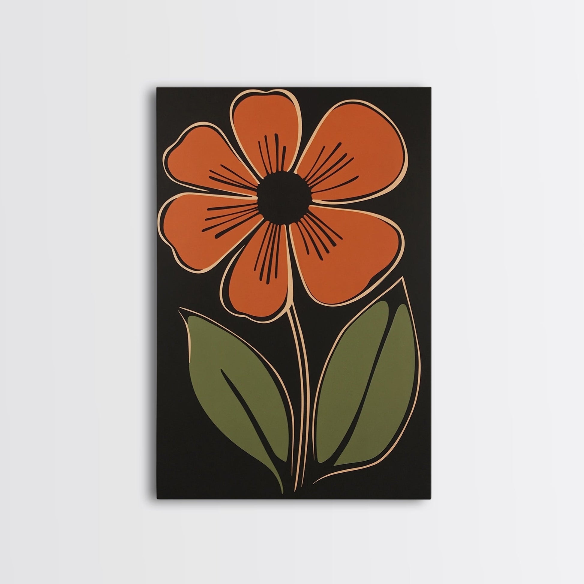 Mid Century Modern Floral Print, Orange Flower on Black Background, Framed Canvas Print - Armand’s Maison & Marché