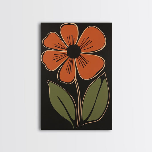 Mid Century Modern Floral Print, Orange Flower on Black Background, Framed Canvas Print - Armand’s Maison & Marché