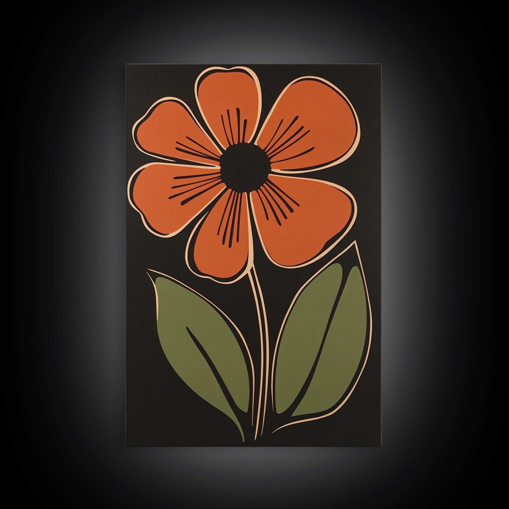 Mid Century Modern Floral Print, Orange Flower on Black Background, Framed Canvas Print - Armand’s Maison & Marché