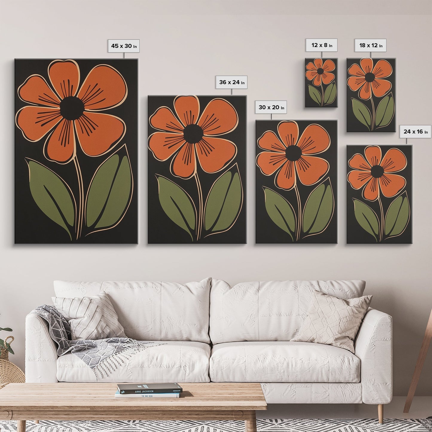 Mid Century Modern Floral Print, Orange Flower on Black Background, Framed Canvas Print - Armand’s Maison & Marché