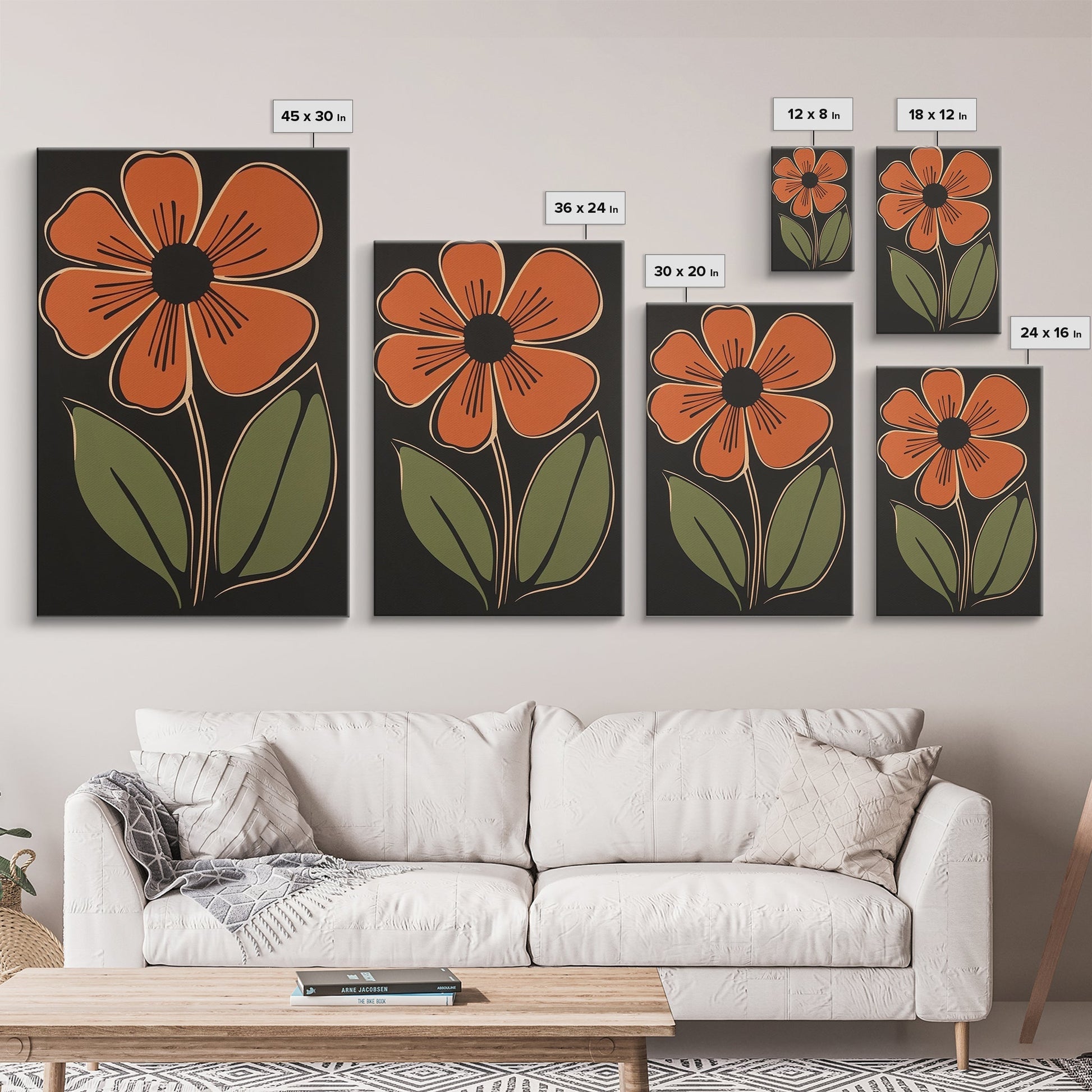 Mid Century Modern Floral Print, Orange Flower on Black Background, Framed Canvas Print - Armand’s Maison & Marché